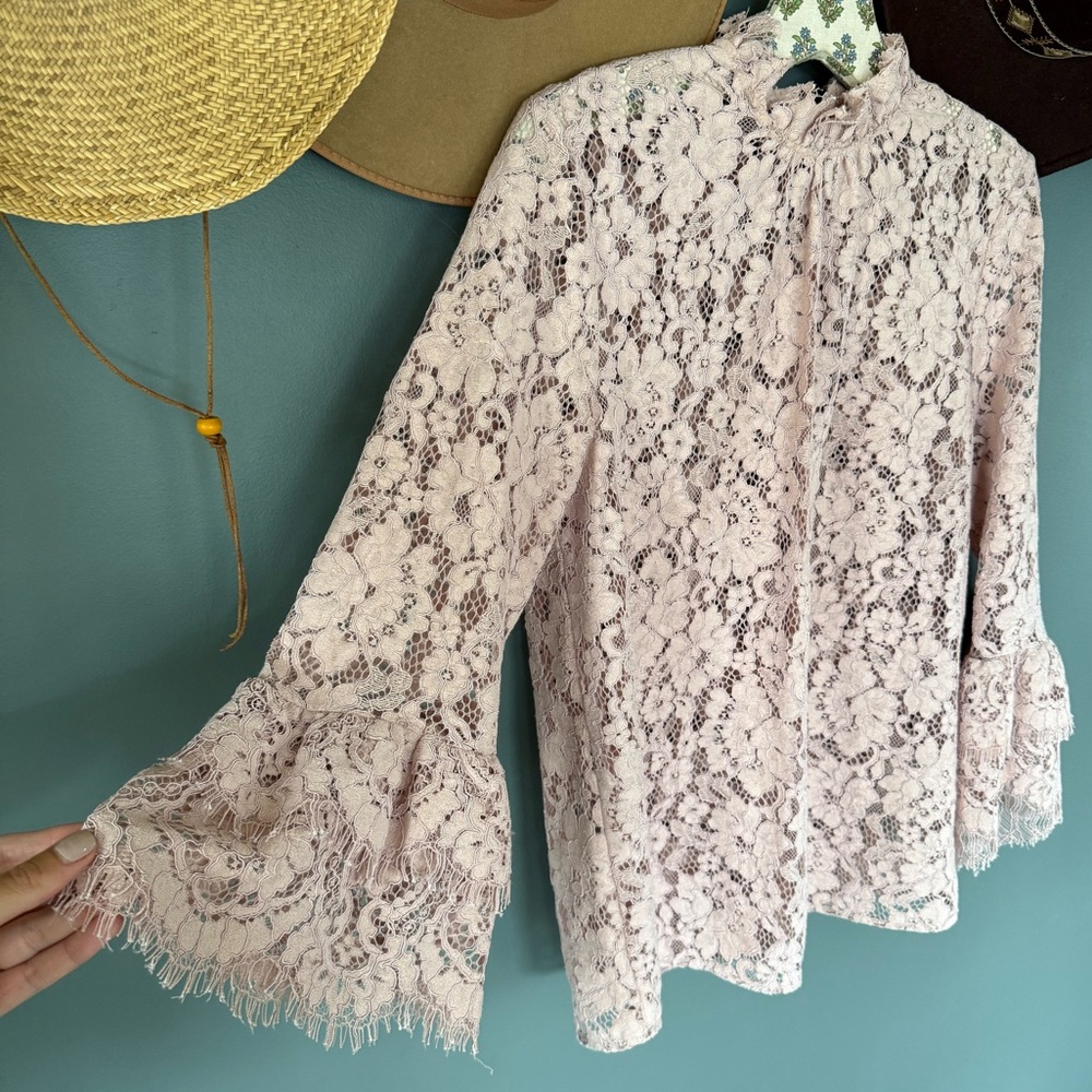 Rosemunde Copenhagen tired Lace Bell Sleeve mock neck Mauve Pink sz large